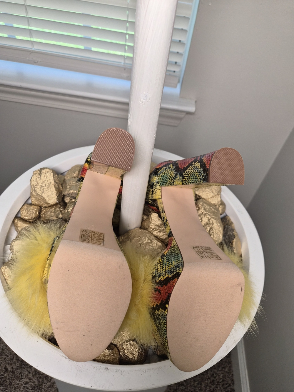 Yellow Snake-Print Platform Heels with Yellow Fur Pom - Picture 5 of 6